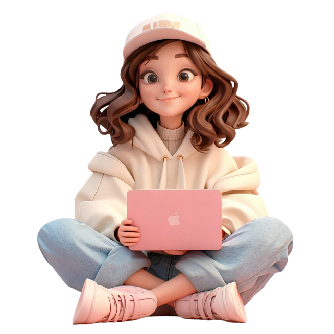 去除人物面部的眼镜，露出完整自然的眼睛，同时将粉色头发修改为深棕色，保留人物盘腿坐姿、浅米色连帽卫衣、浅蓝牛仔裤、粉色笔记本电脑、白色背景以及3D卡通风格不变，整体自然协调预览效果