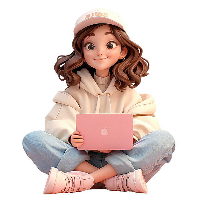 去除人物面部的眼镜，露出完整自然的眼睛，同时将粉色头发修改为深棕色，保留人物盘腿坐姿、浅米色连帽卫衣、浅蓝牛仔裤、粉色笔记本电脑、白色背景以及3D卡通风格不变，整体自然协调