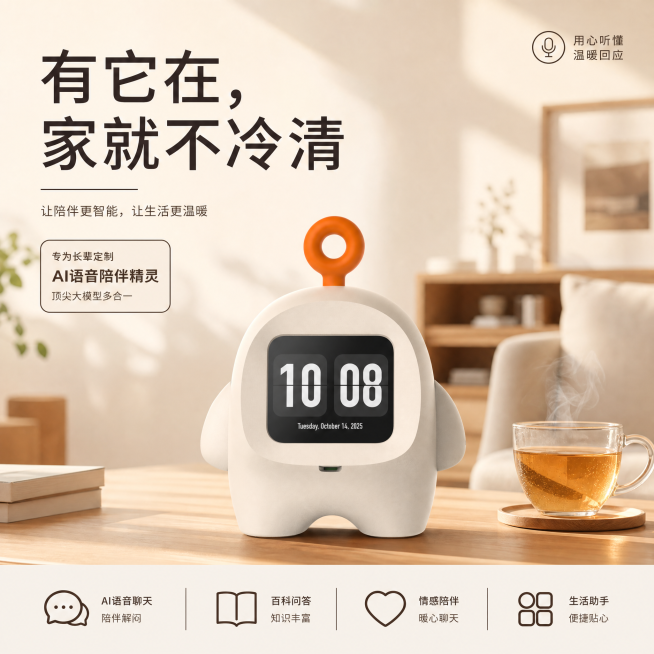 主视觉海报，正中心放置AI语音陪伴精灵产品高清特写，突出燕麦暖白#F4F1EA质感与顶部明显的活力暖心橙#FF7F3E圆环按键，背景是洒满下午3点暖阳的日系原木风客厅，旁边放着一杯冒着热气的茶，整体氛预览效果