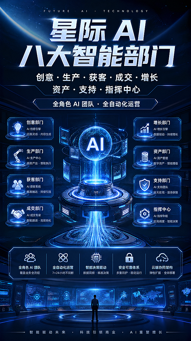 未来科技架构海报，主文案："星际 AI 八大智能部门 创意・生产・获客・成交・增长 资产・支持・指挥中心 全角色 AI 团队・全自动化运营"，模块化科技布局，全息光影效果，高端商务风格，蓝色科技色调，清晰大气排版，竖版海报