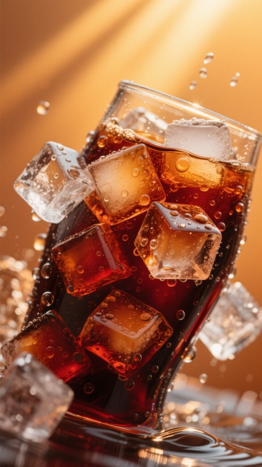 超写实摄影风格，冰镇可乐特写，深棕红色液体中悬浮着多块棱角分明、表面带有水珠的透明冰块，液体因冰块撞击产生丰富细腻的气泡和波纹，背景呈现温暖的橙金色调，光线从上方斜射形成明亮的高光和通透的光晕，整体营造出清凉、冰爽、充满活力的夏日氛围，细节极致清晰，质感真实，无任何文字、LOGO及二维码元素。预览效果