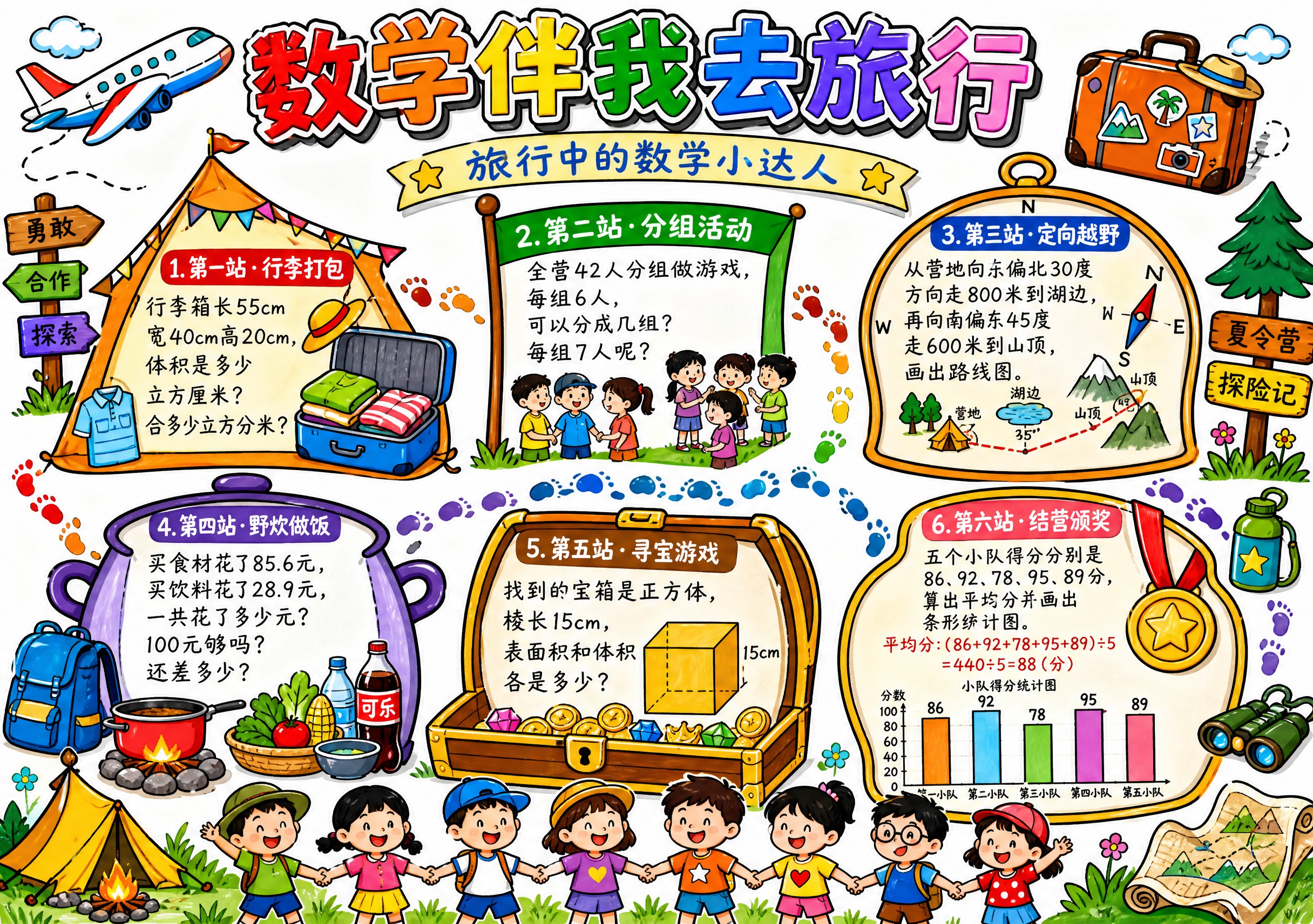 一张A4横版手抄报，主题为"数学伴我去旅行"，五年级数学知识手… - 图片创意预览