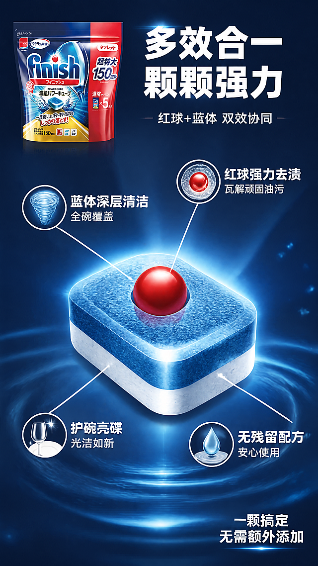 第3张 核心功效解析——多效合一结构拆解页。本张使用【图1】左侧150块无香款作为产品主体，重点展示单颗洗碗块的结构与功效。
[氛围/风格] 科技解析风，洁净蓝调，3D立体结构展示，专业可信。
[元素布局] 画面中央放大展示一颗蓝色洗碗块的立体特写，占比约40%，顶部红色小球（Powerball）清晰可见；从洗碗块不同部位用细线引出4个功效标注点，分别指向四周；背景为深蓝色渐变科技感背景，带微光粒子和水波纹元素；产品袋缩小放在左上角作为品牌参照。
[光影质感] 中心聚光照明，洗碗块表面晶莹有光泽，红色小球高光突出，四周柔和暗角突出主体。
[配色色系] 全局底色 #0A2A5E 深蓝渐变；主色亮蓝、正红；辅助色白色、浅蓝光晕。
[视角构图] 中心主体特写 + 四周引线标注，阅读动线中心产品 → 放射状阅读各卖点。
[文字版式] 顶部主标题「多效合一 颗颗强力」，副标题「红球+蓝体 双效协同」；4个引线标注分别为：「红球强力去渍 瓦解顽固油污」「蓝体深层清洁 全碗覆盖」「护碗亮碟 光洁如新」「无残留配方 安心使用」；每个配小图标，文字白色清晰；右下角小字「一颗搞定 无需额外添加」；全文不含"菌"字。
[比例分辨率] 9:16竖版比例，4K分辨率，文字清晰可辨，高清画质。
[负向提示词] 洗碗块结构错误，颜色偏差，文字错乱，水印，背景杂乱，出现"菌"字。