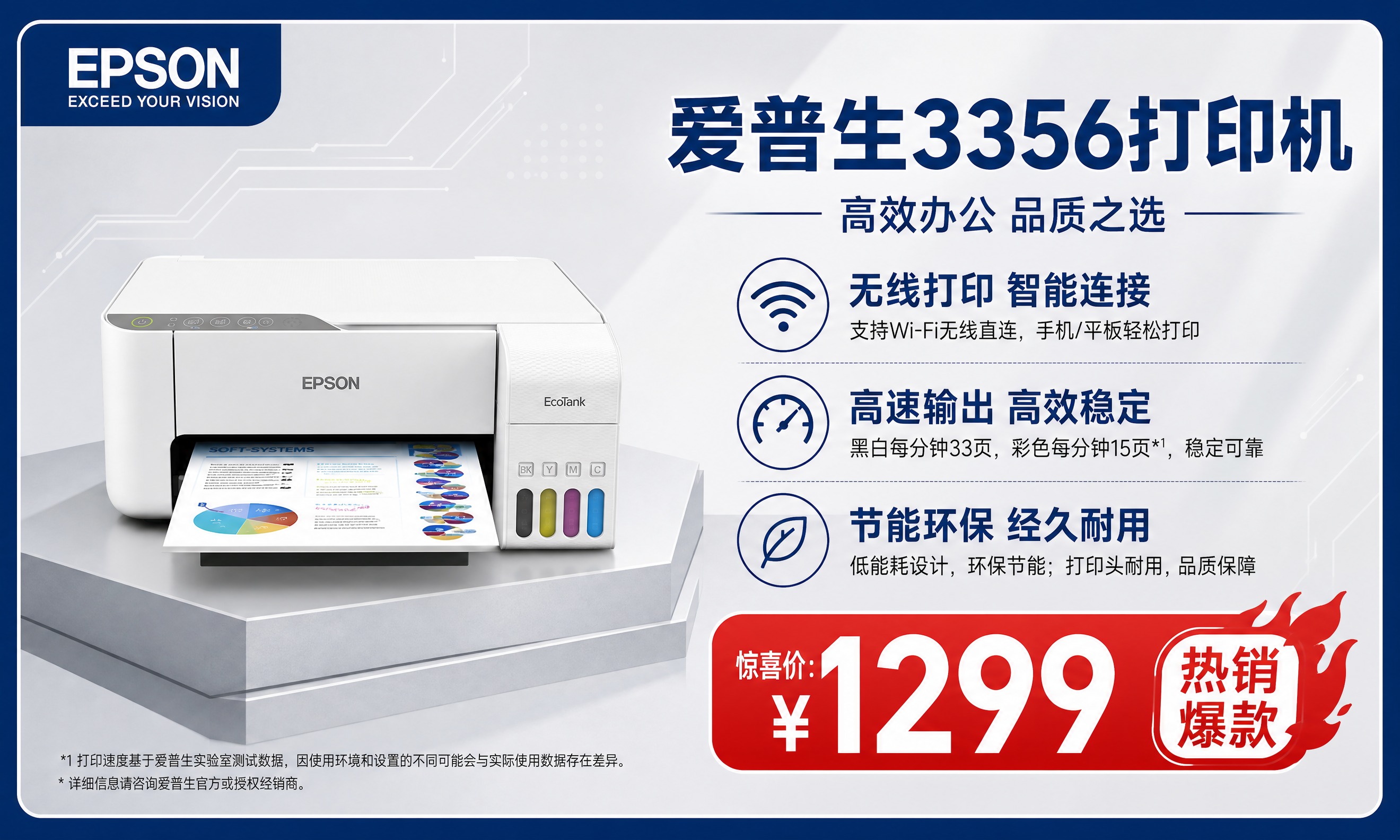 专业商务风格的爱普生3356打印机卖点价签海报，横版构图，15… - 图片创意预览