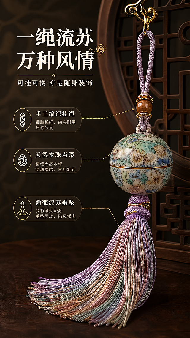 [商品] 使用【图1】骨子里·万花陶瓷分装罐；重点保留紫色编织挂绳、木珠、金色线圈、多彩流苏穗子的细节；挂绳编织纹理、木珠温润质感、流苏垂坠感完整呈现；罐体万花图案与金色描边同步保留。
[画面] 页面目标：挂绳流苏细节展示，突出可悬挂、可做包挂的装饰性与便携性。构图：竖版9:16，罐子悬挂着展示，流苏自然垂落，挂绳与流苏占画面约50%；可挂在中式木格扇、铜挂钩或包包搭扣上；背景为深木色或暗纹布，凸显流苏色彩层次；侧角度展现挂绳编织工艺。
[视觉] 套系策略：风格=国风新中式轻奢商业摄影；标题字=宋体衬线粗体；正文字=简洁细黑体；主色=繁花多彩（紫/青/粉/金），背景延展=深木棕+暗金纹理做深浅层级；强调色=金色，用于挂绳线圈和图标描边；标题色=米白金边；正文色=浅米灰；组件=细金线引线标注、水滴形小图标、圆角半透明卡；光影=侧柔光打亮流苏丝缕质感，均匀布光，无光斑、无过曝。
[文字] 侧边主标题「一绳流苏 万种风情」，副标题「可挂可携 亦是随身装饰」；配3个细节卖点「手工编织挂绳 / 天然木珠点缀 / 渐变流苏垂坠」；用细引线指向挂绳、木珠、流苏对应位置；文字横排。
[规格] 图片比例9:16竖版，4K分辨率，负向提示：光斑、过曝、模糊、错字、文字竖排、流苏变形、冷灰调、水印。