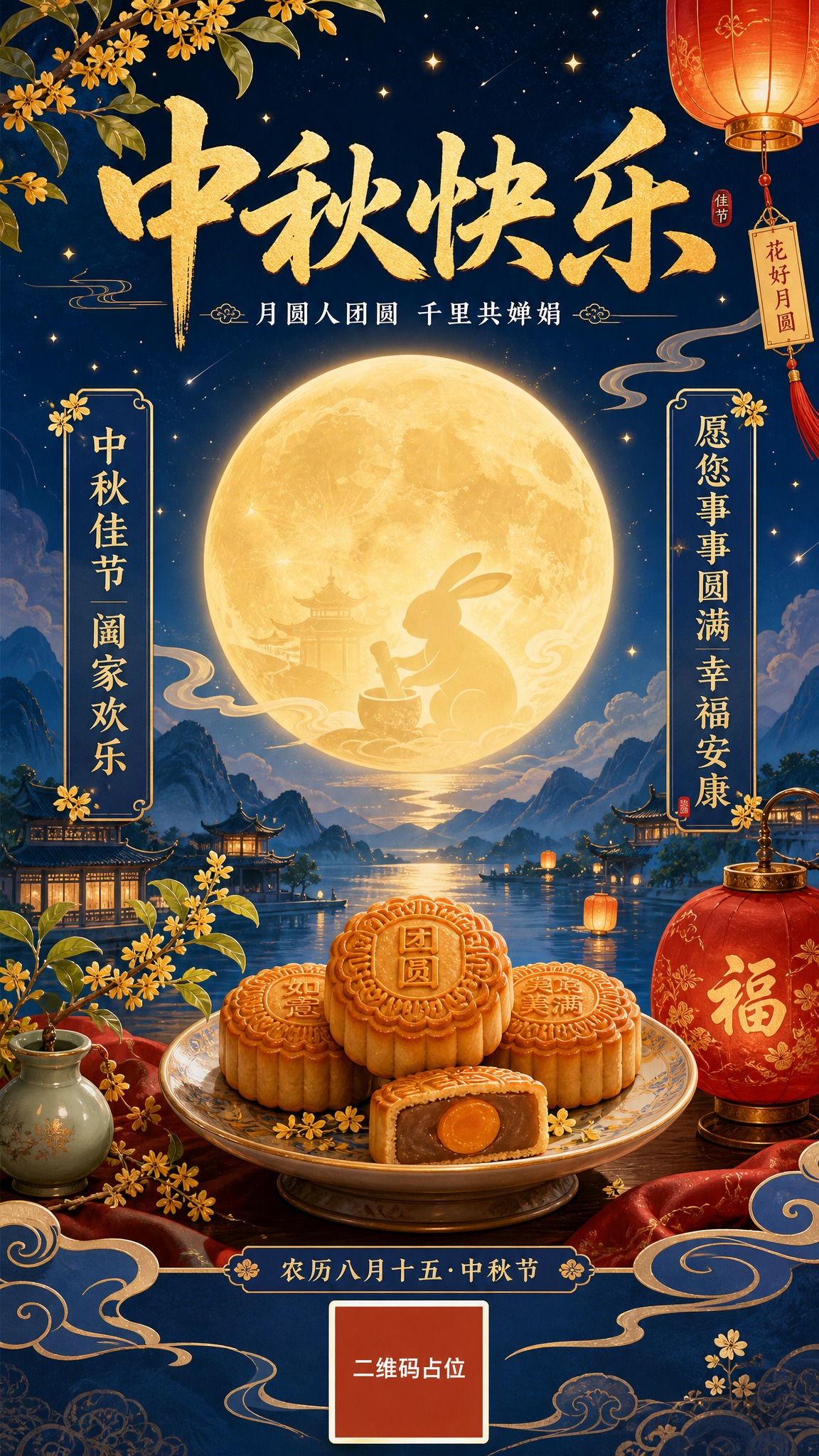 中秋节祝福海报，国风新中式工笔风格，画面中央一轮硕大的金色满月… - 图片创意预览
