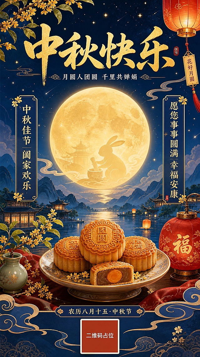 中秋节祝福海报，国风新中式工笔风格，画面中央一轮硕大的金色满月，月光柔和洒下，月宫中隐约可见玉兔捣药的剪影。前景是精美的中式月饼摆盘，搭配桂花枝、红色灯笼和飘逸的祥云纹样。背景是深邃的藏蓝色夜空，点缀着点点星光和远山轮廓。主标题"中秋快乐"四个大字采用金色书法字体，位于画面上方居中位置，副标题"月圆人团圆 千里共婵娟"白色小字在主标题下方。画面中部两侧有祝福语"中秋佳节 阖家欢乐"和"愿您事事圆满 幸福安康"。底部有"农历八月十五·中秋节"装饰小字。整体色调以深蓝、金色、朱红为主，营造温馨团圆的节日氛围，版式精美，层次分明，超高清画质。画面中所有二维码区域使用纯色方块占位符呈现，方块中央标注"二维码占位"文字，严禁生成任何可识别的二维码图案。画面中所有信息区域必须填充完整合理的内容，不得出现空白框、空白占位、横线待填写区域、空列表项、空单元格。