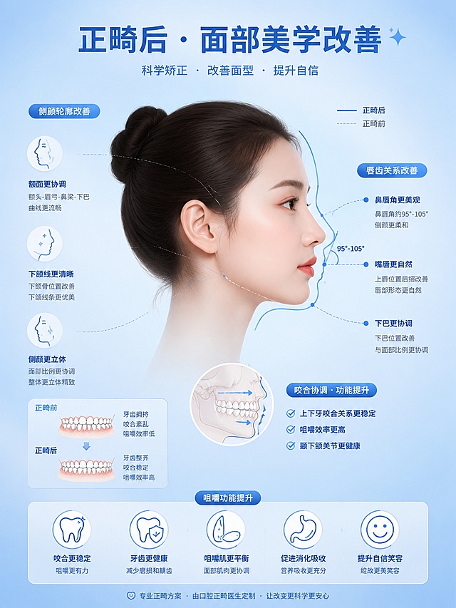 面部侧面线条简约示意图，展示正畸后面部美学改善效果，侧面轮廓线条流畅优美，标注唇齿关系、侧颜轮廓、咬合协调的关键点，周围环绕牙齿咬合、咀嚼功能的简约图标，背景为淡蓝色渐变，医疗美容科普插画风格，蓝白色调统一，画面精致内容丰富