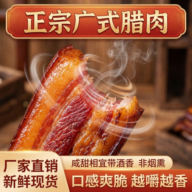 这张图片是产品主体这款产品是广式加瘦腊肉 我需要设计20张主图在拼多多上面售卖    主图场景布局可以用厨房 炒腊肉 腊肉细节等设计一个高级有食欲一些主图文案内容 正宗广式腊肉 厂家直销 新鲜现货 咸预览效果