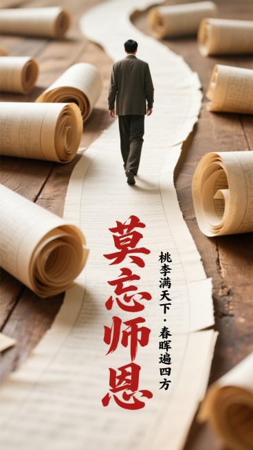 试卷卷曲成蜿蜒纸路，男教师独行纸路中心（背影 ），复古棕黄 + 米白报纸色调；最下方红色雄浑书法大字“莫忘师恩”，黑色小字“桃李满天下・春晖遍四方”预览效果