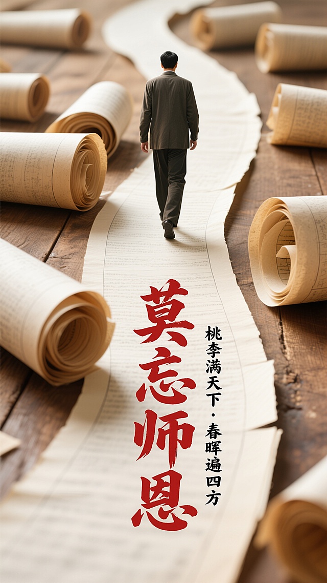 试卷卷曲成蜿蜒纸路，男教师独行纸路中心（背影 ），复古棕黄 + 米白报纸色调；最下方红色雄浑书法大字“莫忘师恩”，黑色小字“桃李满天下・春晖遍四方”