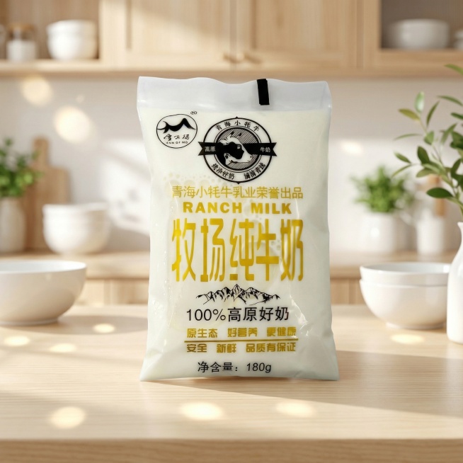 将这包纯牛奶做成高端电商渲染图，保持产品主体物理结构不变，保持包装袋上所有文字和Logo原样不变，将原来的白色背景换成北欧自然风场景，通透的自然光，极浅柔和阴影，低饱和度浅木色调，画面整体明亮干净通透预览效果