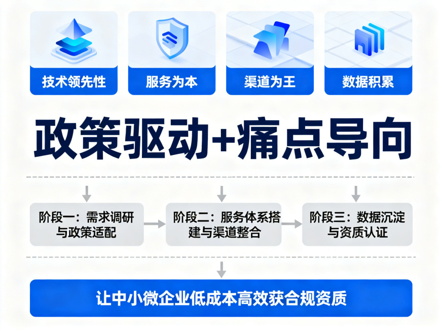制作一张兼具逻辑与美感的商务图，上方呈现项目四大关键要素：技术领先性、服务为本、渠道为王、数据积累，下方展示项目三阶段推进规划，核心为政策驱动+痛点导向，最终指向让中小微企业低成本高效获合规资质的使命预览效果