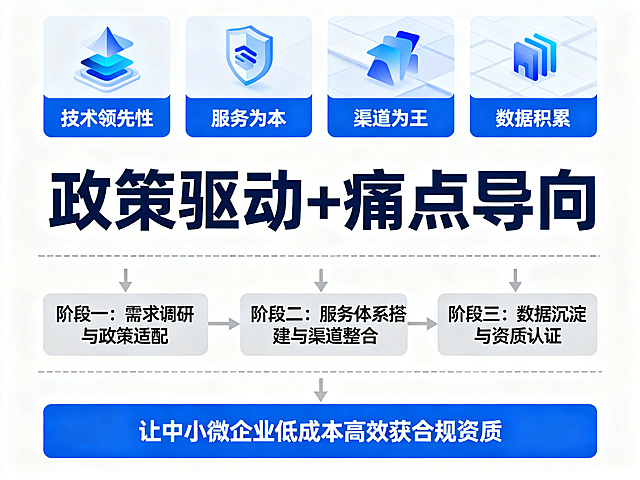制作一张兼具逻辑与美感的商务图，上方呈现项目四大关键要素：技术领先性、服务为本、渠道为王、数据积累，下方展示项目三阶段推进规划，核心为政策驱动+痛点导向，最终指向让中小微企业低成本高效获合规资质的使命，整体采用简约商务风格，色彩和谐，布局层次分明