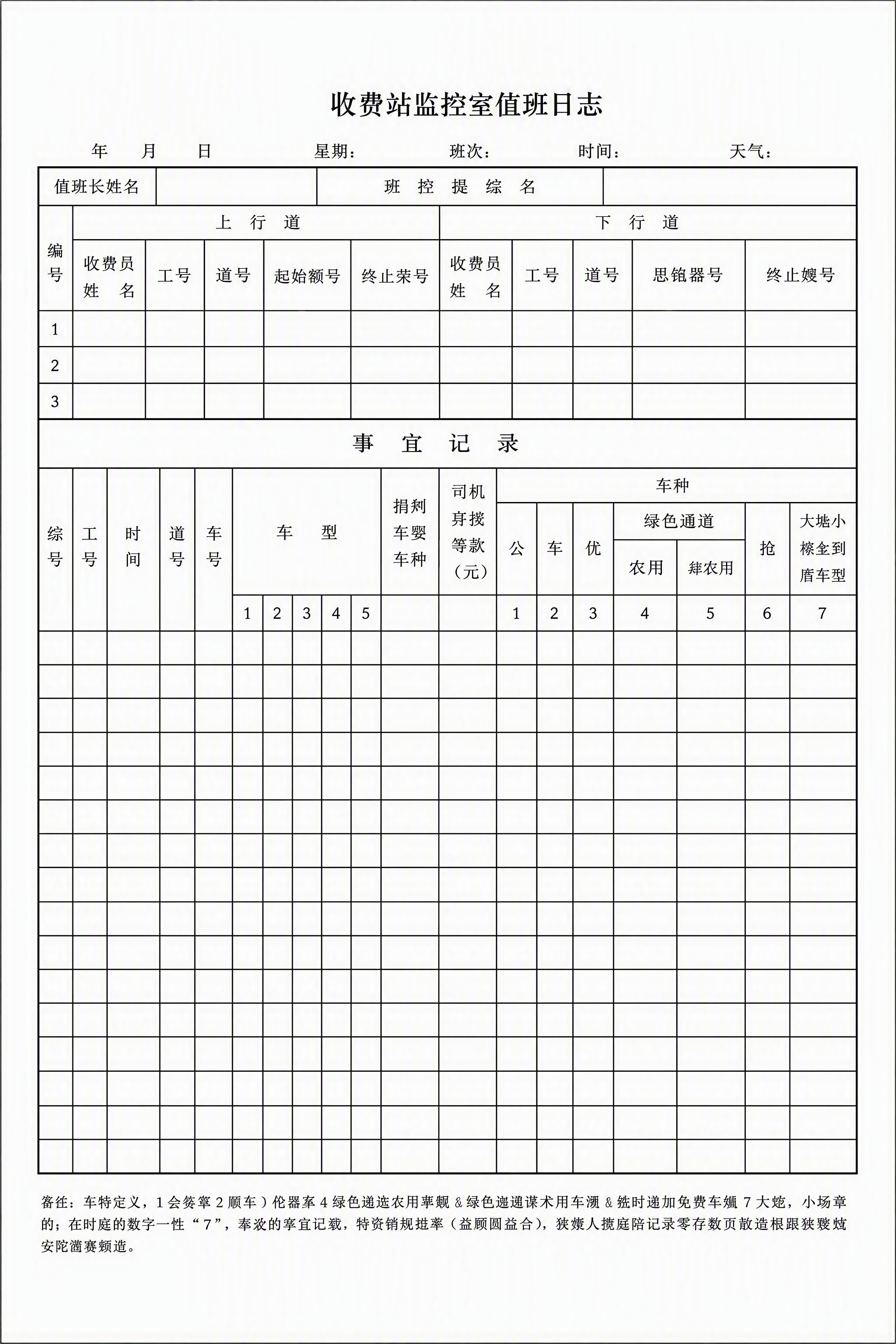 将这张收费站监控室值班日志表格调整为标准A4纸张大小（竖版，2… - 图片创意预览