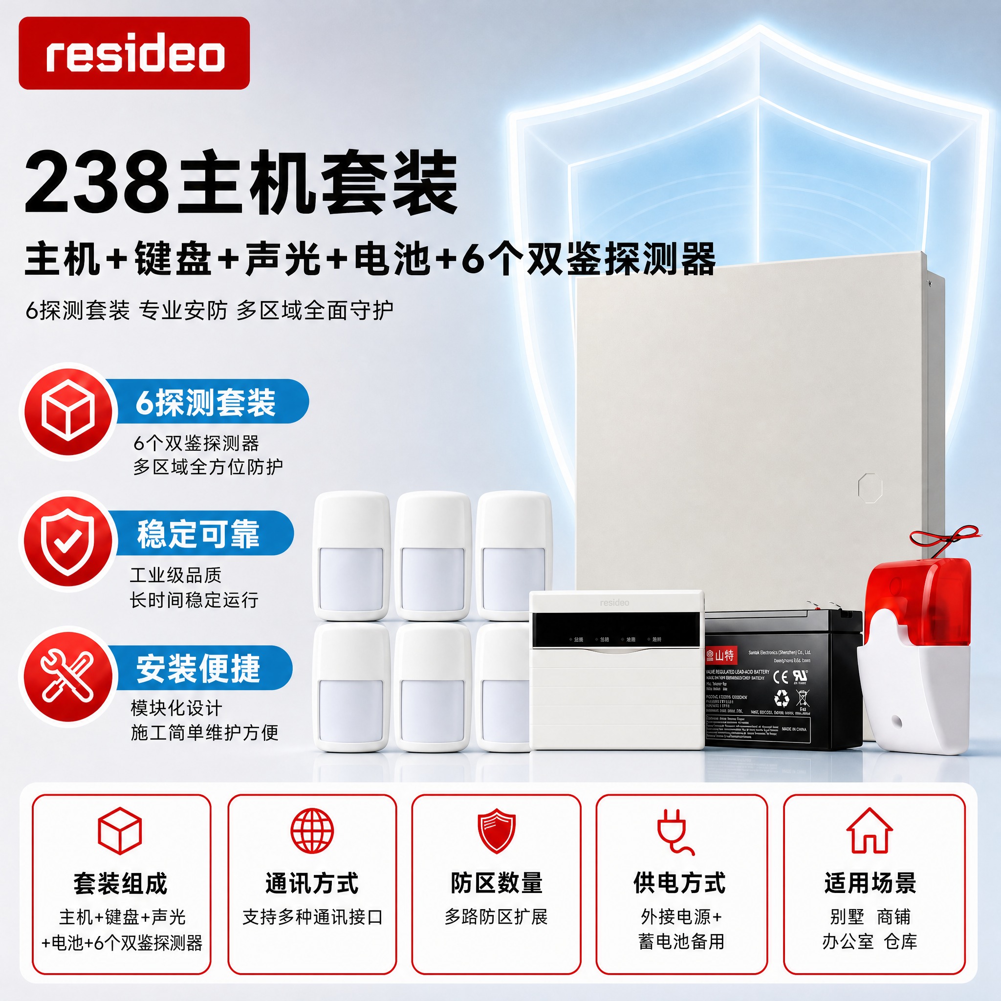 [主图-1] 238主机+键盘+声光+蓄电池+6个双鉴探测器… - 图片创意预览