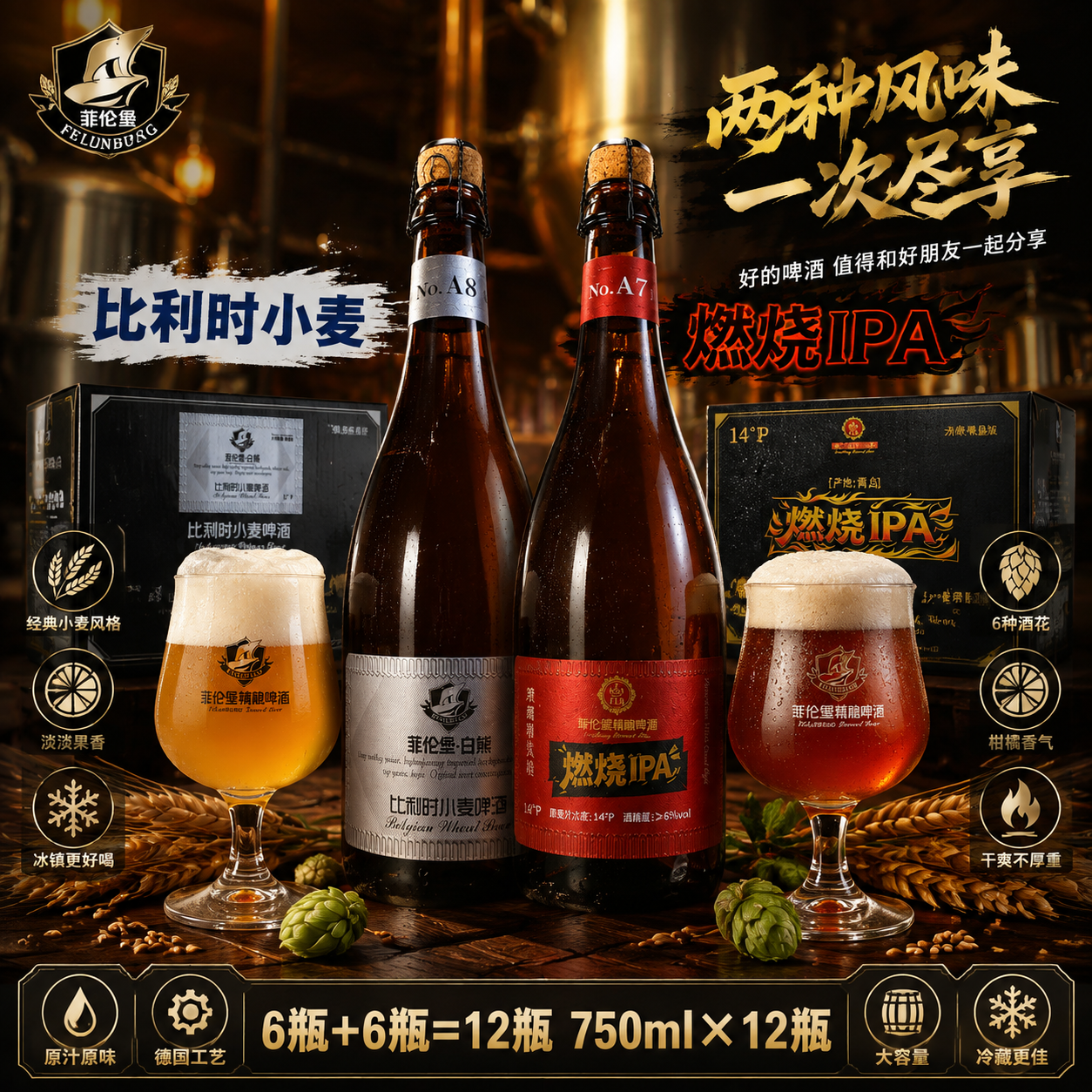 菲伦堡精酿啤酒双口味组合装电商主图，1:1比例，参考高端精酿对… - 图片创意预览