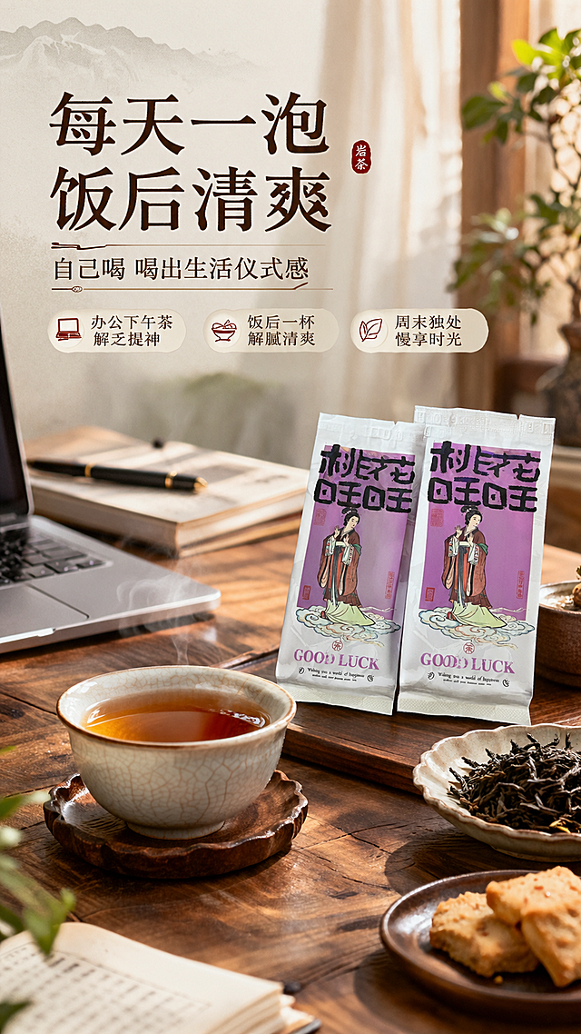 [商品] 使用【图1】武夷山正岩水仙独立小泡袋包装；保留包装全部元素和颜色；包装放在书桌/茶桌上自然融入场景。
[画面] 页面目标：自饮场景种草，日常办公/饭后/下午茶时刻，清爽舒适；构图为生活方式场景，午后阳光斜照的木质书桌上，一杯泡好的岩茶放在旁边，旁边有翻开的书/笔记本电脑，茶袋立在一旁；暖光从窗户照进来，有慵懒舒适的下午茶氛围；产品占画面25%，茶汤和场景占60%；前景茶杯和茶点，中景书桌和产品，后景虚化的窗帘和室内环境；≥3层场景元素。
[视觉] 套系策略：风格=新中式国风高级商业摄影，东方雅致茶系美学；标题字=宋体粗体（思源宋体/书法宋体结合）；正文字=简洁现代宋体；主色=岩茶红棕+深紫+暖木色；背景延展=基于暖棕木色做深浅层级、同色渐变和细腻宣纸/岩石纹理质感；强调色=朱砂红，仅用于小面积印章、图标、引线和标签；标题色=深炭褐；正文色=中暖棕；组件=圆角浅棕信息卡、细线引线、中式印章元素；光影=午后窗边自然光，暖金色侧逆光，有柔和的阴影和光斑，氛围治愈。
[文字] 左上或顶部主标题「每天一泡 饭后清爽」，副标题「自己喝 喝出生活仪式感」，配3个场景短句：「办公下午茶 解乏提神」「饭后一杯 解腻清爽」「周末独处 慢享时光」；所有文字横排，不遮挡主体，字号手机端清晰。
[规格] 图片比例9:16竖版，4K分辨率，负向提示：避免变形、错字、文字过小、冷蓝/蓝灰背景、人物脸部出现、包装错乱、杂乱桌面。