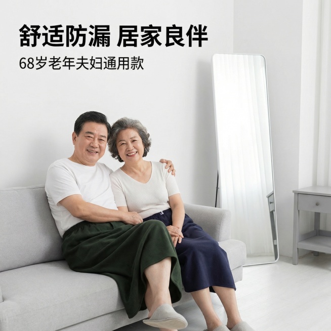 电商主图，68岁圆脸亚洲老年夫妇居家使用老年人防漏隔尿裤裙，隔尿裤裙裙长70cm，产品长度比例适中不过长，背景为极简纯白光影搭配落地镜，通用款展示场景氛围，产品外观与原图完全一致，画面高清有质感，主色预览效果