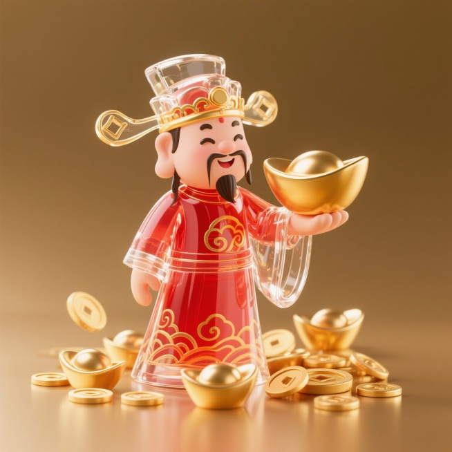 我想生成一副100*75cm的财神爷的IP形象人物、背景中要有元宝、黄金、或者金钱元素、背景整体为金色调、财神爷人物是全身形象，正面站立，手送元宝的动作，预览效果
