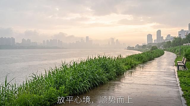 4K高清城市江边步道，雨后的芦苇和青草鲜绿翠绿，江面飘着蒙蒙细雨，对岸是朦胧的城市天际线，天空有淡金色的微光，整体风格柔和治愈，画面底部添加纤细文字："放平心境，顺势而上"