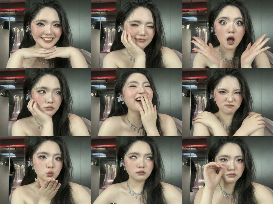 保持人物主体不变，创作一组写实风格表情包，包含表情不同、姿势不同的九宫格表情包，表情变化较大，姿势优雅预览效果