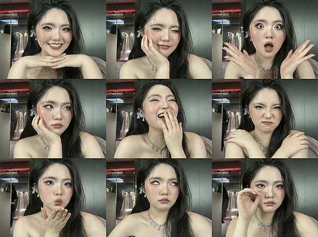 保持人物主体不变，创作一组写实风格表情包，包含表情不同、姿势不同的九宫格表情包，表情变化较大，姿势优雅