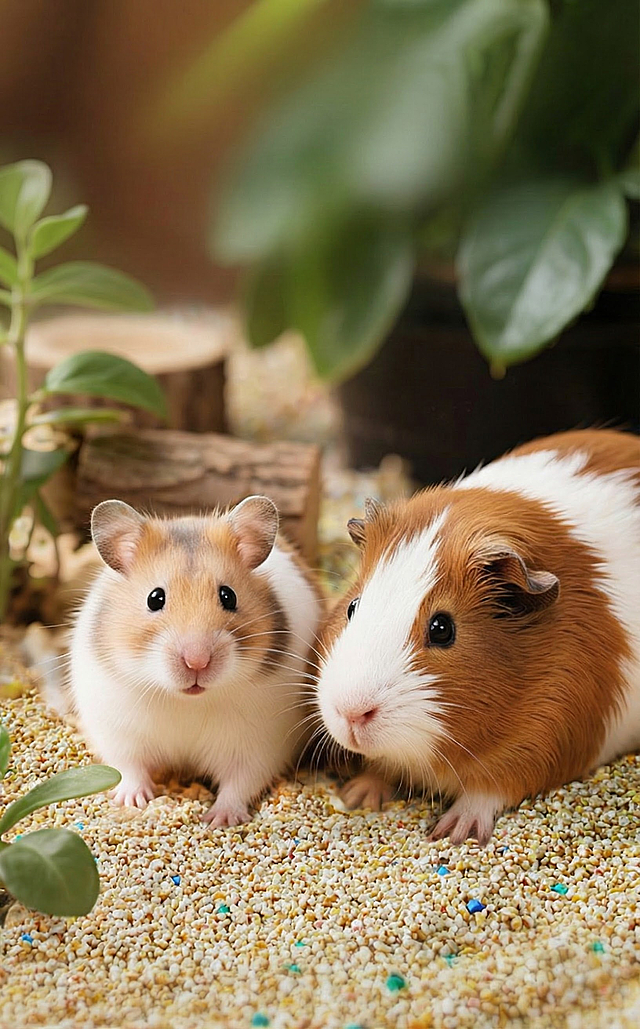 做一张类似的效果图，去掉文字，两只仓鼠站在除臭颗粒上面，清新简约的风格