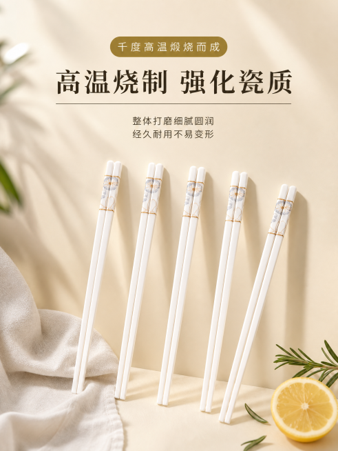 参考图1的竖版构图给图2的筷子生成新图，背景是浅米色柔光背景，左下角白色亚麻布、右下角柠檬片装饰，旁边迷迭香食材点缀，整体暖调自然光，浅景深，柔和阴影，治愈系暖色调，干净高级，产品质感突出，无多余瑕疵预览效果
