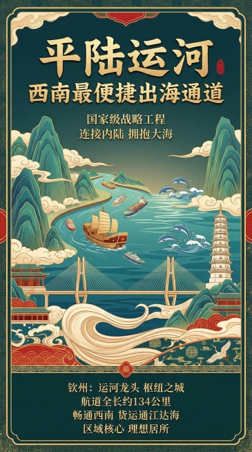 国潮风格高端房地产海报，主题是“平陆运河 西南最便捷出海通道”。画面整体大气稳重对称，具有鎏金质感，主色调为青绿色加金色，点缀红色。画面包含平陆运河航道、大船出海、钦州三娘湾海豚、钦州港大桥、白石湖塔预览效果