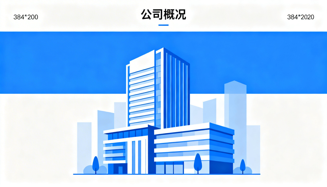 制作384*220尺寸的公司概况小图，采用蓝色商务简约扁平插画风格，画面包含现代化企业办公大楼元素，添加标题文字'公司概况'，整体风格简洁专业，适合企业宣传使用预览效果