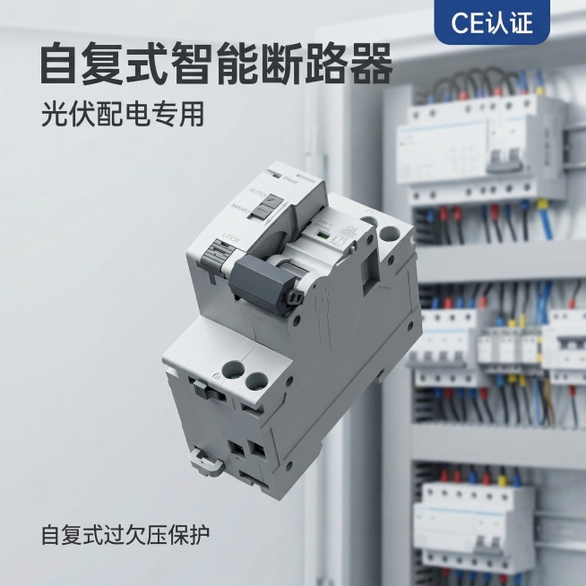 [主图 1] `[主图主题]` 智能光伏自复式断路器首图
`[氛围/风格]` 简约严谨工业风，光伏配电场景，科技专业质感
`[画面元素]` 智能断路器产品居中悬浮，背景为简洁浅灰色配电柜体场景，干净通预览效果