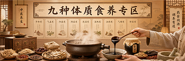 中式诊室场景，展示中医养生，画面整体以浅棕色为主色调，上方清晰显示文字"九种体质食养专区"，画面呈现中草药熬制成膏滋的制作场景，传统国风养生风格，横幅构图