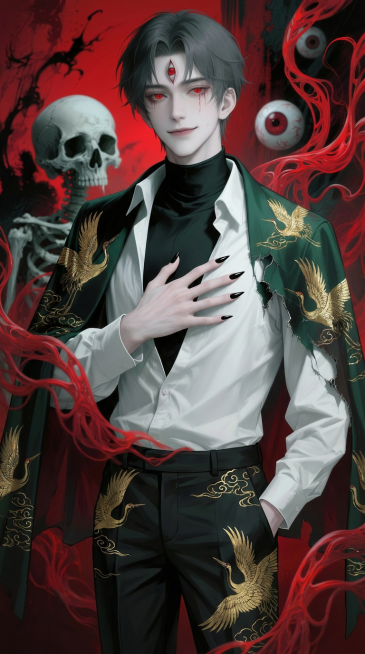 扩图，比例9:16，完善人物下半身细节，穿着西裤，完善细节，人物衣服上刻画烫金国风仙鹤，人物眉心的红线改成红色眼睛（参考图二）预览效果