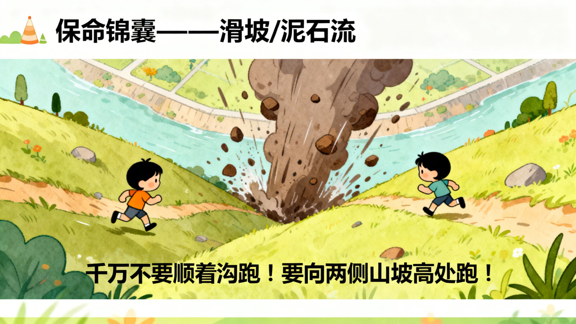 PPT页面，标题为"保命锦囊——滑坡/泥石流"，上方是俯视图，泥石流向下冲，小人向左右两侧山坡跑的卡通插图，下方文字为"千万不要顺着沟跑！要向两侧山坡高处跑！"，风格童趣可爱预览效果