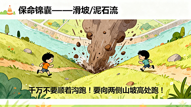 PPT页面，标题为"保命锦囊——滑坡/泥石流"，上方是俯视图，泥石流向下冲，小人向左右两侧山坡跑的卡通插图，下方文字为"千万不要顺着沟跑！要向两侧山坡高处跑！"，风格童趣可爱