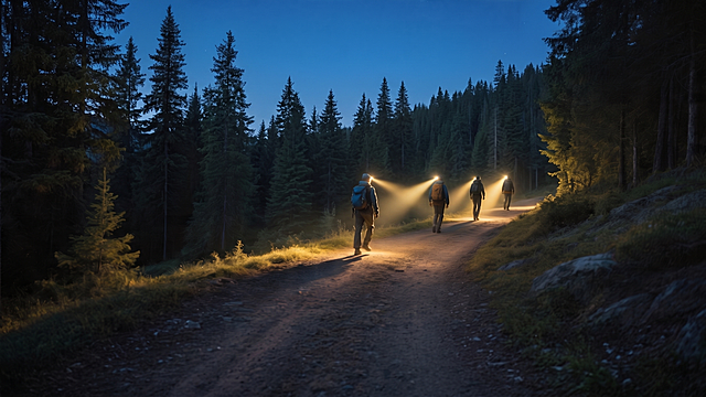 画面全屏，下方的留白和文字去掉。
道路右侧的环境可以，左侧也改为树林，不要使用向下的坡地，近处的山峦被茂密的树林遮挡的几乎看不见，远处的雪山去掉。
每个人的头灯只有一束光照向前方