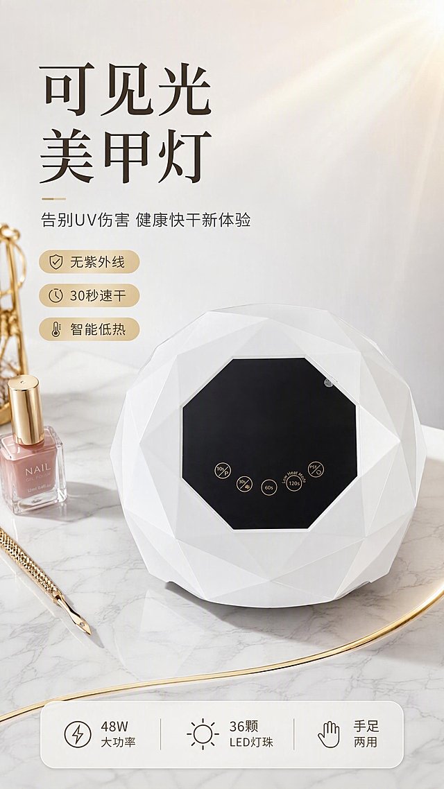 [第1张] 详情页头图-可见光固化美甲灯主视觉海报。本张使用【图1】作为商品主体，产品为白色钻石切面造型圆形美甲灯，黑色触控面板带金色按键标识。
[氛围/风格] 科技轻奢风，高级感商业摄影质感，干净通透，美容仪器调性。
[元素布局] 美甲灯置于画面中央偏右，占比约55%，45°俯视角度展示钻石切面外壳和触控面板；左侧留标题区；底部为浅灰色大理石质感台面；背景为渐变浅灰到白色，右上角有柔和光晕模拟可见光效果；台面点缀少量金色装饰线条和美甲工具小摆件（如甲油胶瓶）；产品物理结构、钻石切面造型、黑色面板、金色按键标识与输入图一致。
[光影质感] 左上方柔光主光源，右侧辅助光勾勒产品轮廓，底部自然投影，整体明亮通透有质感。
[配色色系] 全局底色 #F5F5F7 浅灰白渐变；主色白色+香槟金；辅助色深灰+浅粉点缀。
[视角构图] 45°俯视视角，产品为视觉中心，阅读动线左上标题 → 中部产品 → 底部信息条。
[文字版式] 左上标题区：主标题「可见光美甲灯」大字，副标题「告别UV伤害 健康快干新体验」；标题下方3个金色圆角卖点胶囊：「无紫外线」「30秒速干」「智能低热」；底部信息条：「48W大功率 · 36颗LED灯珠 · 手足两用」；文字不遮挡产品主体。
[比例分辨率] 9:16竖版比例，4K分辨率，文字清晰可辨，高清画质。
[负向提示词] 产品变形，缺件错件，颜色偏差，水印，文字错乱，产品图模糊，背景杂乱，UV灯字样错误。