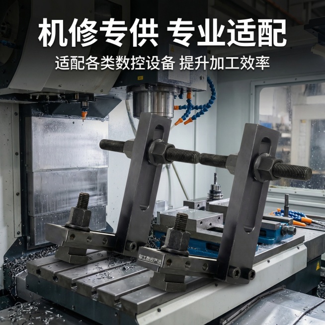 1:1竖版电商主图，严格还原御工数控重型工业定位器产品图，保持哑光黑金属质感、结构细节等所有细节完全一致。画面将产品放置在高清工业加工车间场景中，背景为CNC机床、金属加工设备，突出产品在实际机修场景预览效果
