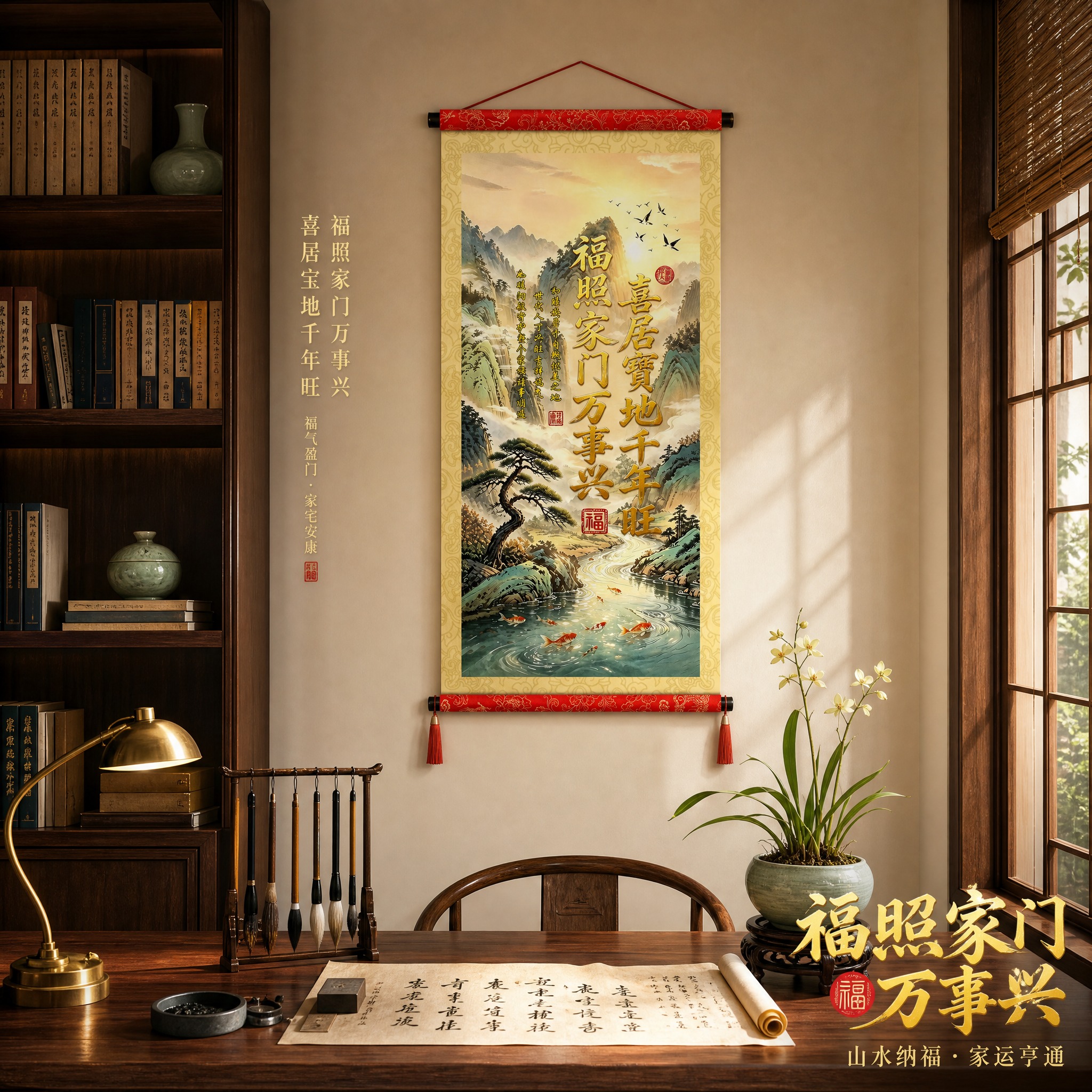 [主图-4] 山水福字书法卷轴挂画 书房场景悬挂效果图。新中式… - 图片创意预览