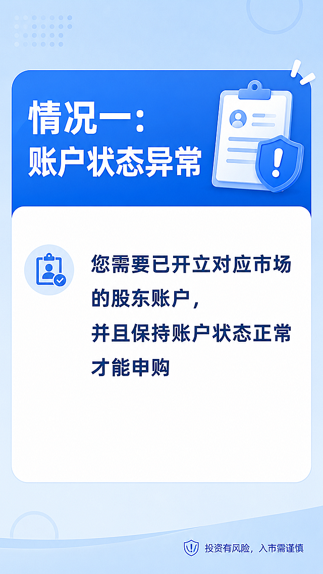 你是一个金融KOS账号运营人员，现在需要发布一组科普图文。主题是：为什么无法申购新股？内容由问题和答案两部分构成。更清晰大字体展示问题：为什么无法申购新股？答案内容参考一下：投资者无法申购新股的原因可能有多种，一般情况 下，可通过以下情况初步判断： 1、已开立对应市场的股东账户，且账户状态正常；2、申购沪深交易所新股需有对应市场的新股申购额度，沪深两市的新股申购额度分开计算的；3、申购创业板、科创板、北交所等新股，还需申请对应板块的交易权限。主图和普内页图风格保持一致，浅蓝色渐变背景，用两种不同色块区分问题和答案，主图和内页都需要添加风险提示。线条简洁，文字放大清晰，适合手机阅读，排版宽松不拥挤，风格活泼年轻化