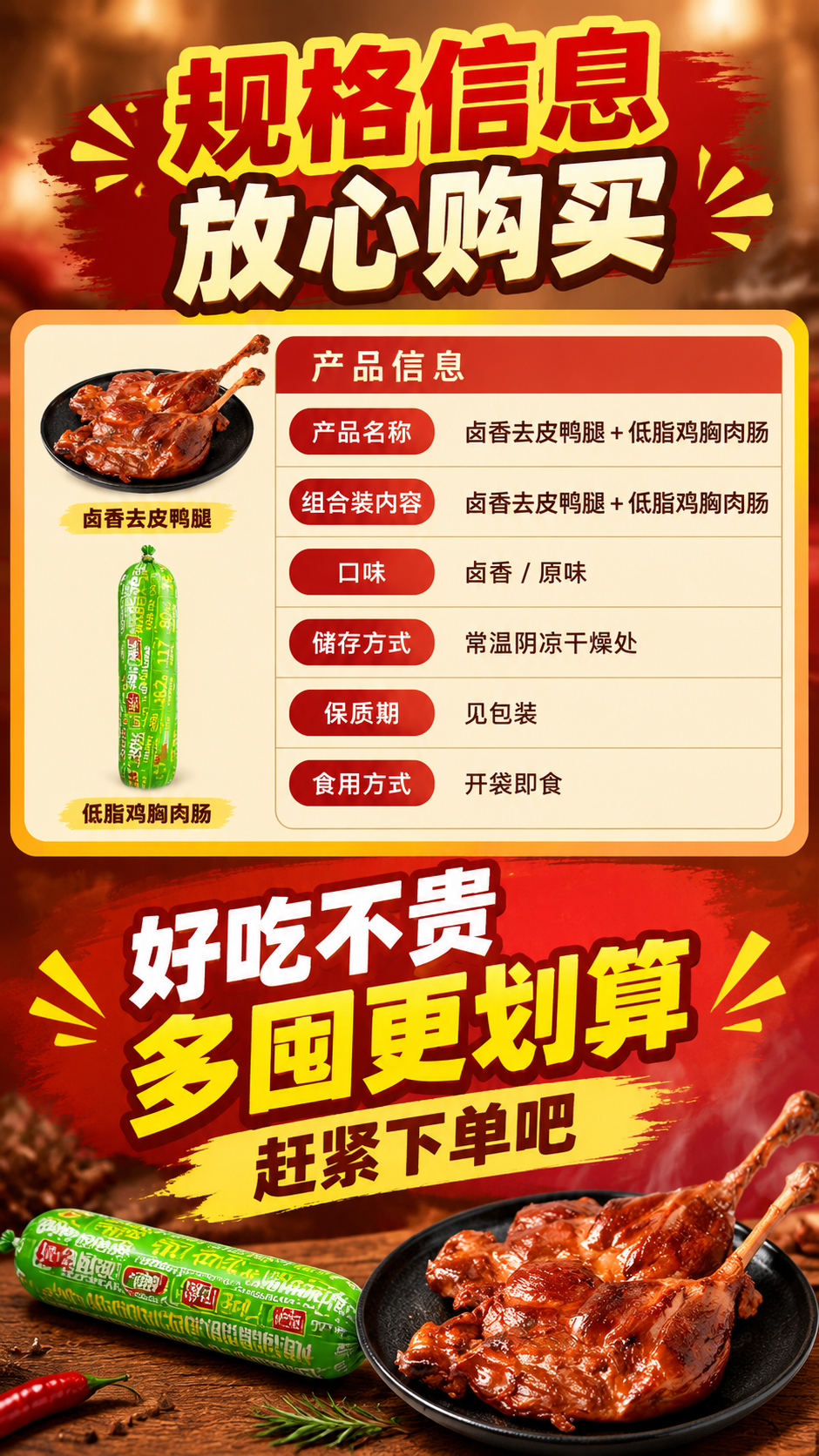 [商品] 使用【图1】卤香去皮鸭腿和鸡胸肉肠作为规格页产品露出… - 图片创意预览