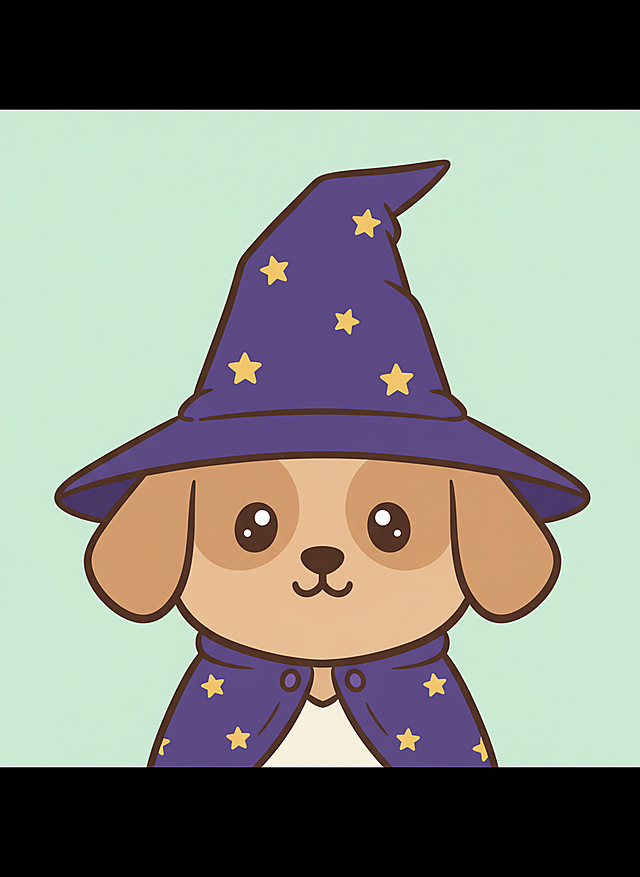 可爱卡通小狗化身小巫师，紫色星点帽与斗篷，拟人化设计搭配描边插画风，扁平色彩呈现梦幻万圣节氛围。