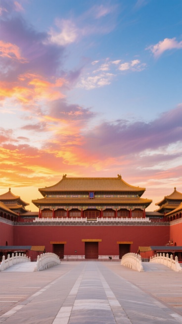 一张干净风格、符合现实逻辑、适用于背景素材的故宫场景照片，画面主体为故宫午门，其黄色琉璃瓦屋顶在夕阳下闪耀着温暖的光泽，红色宫墙庄重威严，前方白玉石桥与宽阔广场干净整洁。天空中布满绚烂的晚霞，橙红、金黄与淡紫交织的云彩在蓝色天幕下层次分明，光影柔和地洒在建筑上，营造出宁静而壮丽的氛围，整体构图恢弘大气，色彩和谐统一，视觉焦点突出，能在短时间内清晰传达故宫的雄伟与历史感。预览效果