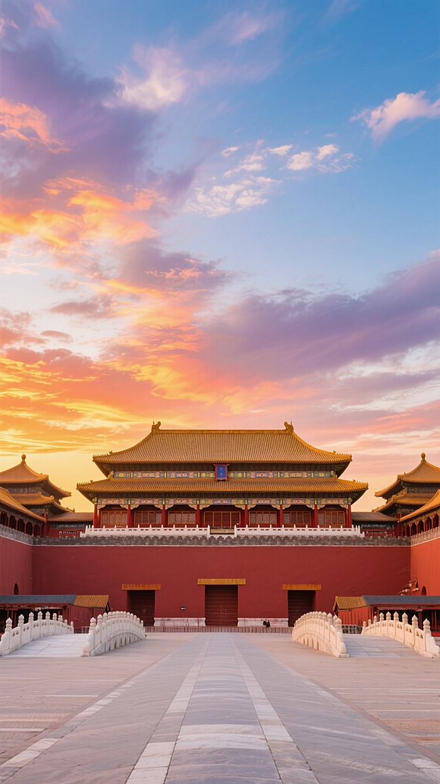 一张干净风格、符合现实逻辑、适用于背景素材的故宫场景照片，画面主体为故宫午门，其黄色琉璃瓦屋顶在夕阳下闪耀着温暖的光泽，红色宫墙庄重威严，前方白玉石桥与宽阔广场干净整洁。天空中布满绚烂的晚霞，橙红、金黄与淡紫交织的云彩在蓝色天幕下层次分明，光影柔和地洒在建筑上，营造出宁静而壮丽的氛围，整体构图恢弘大气，色彩和谐统一，视觉焦点突出，能在短时间内清晰传达故宫的雄伟与历史感。