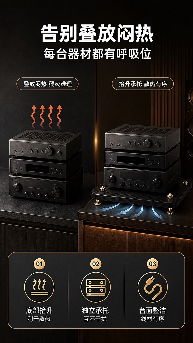 [商品] 使用【图2】【图3】同款黑色木纹音响器材架；保留方形深色木纹台面、四角金色纯铜脚钉、黑色防滑胶垫与圆角厚度；产品颜色与结构不变。
[画面] 痛点对比型：左栏“叠放闷热”小场景，器材直接叠放、底部紧贴、热气图标；右栏“独立承托”小场景，器材架独立抬升、底部留空、气流图标；中间金色分隔线；左右分区底色深浅变化，产品约占画面60%，中景平视，阅读动线从左到右、从上到下。
[视觉] 套系策略：风格=黑金轻奢Hi-Fi影音商业摄影；标题字=现代无衬线粗黑体；正文字=简洁无衬线黑体；主色=深胡桃暖黑；背景延展=暖黑胡桃木纹与深炭灰渐变、木纹加哑光石材层级；强调色=香槟金，仅用于小面积图标、细引线、标签、编号与局部光效；标题色=暖白；正文色=浅暖灰；组件=圆角深色信息卡、金色细线引线、编号胶囊、步骤条；光影=左侧暖柔光加顶部轮廓光，影音室氛围。
[文字] 主标题“告别叠放闷热”，副标题“每台器材都有呼吸位”；左右栏各1句短标签“叠放闷热 藏灰难理”“抬升承托 散热有序”；底部信息条3点“底部抬升 利于散热”“独立承托 互不干扰”“台面整洁 线材有序”，全部横向排版。
[规格] 图片比例9:16竖版，分辨率4K；避免变形、错字、文字过小、竖排或旋转文字、冷蓝或蓝灰背景、商品颜色改变、缺角钉或防滑垫、结构失真。