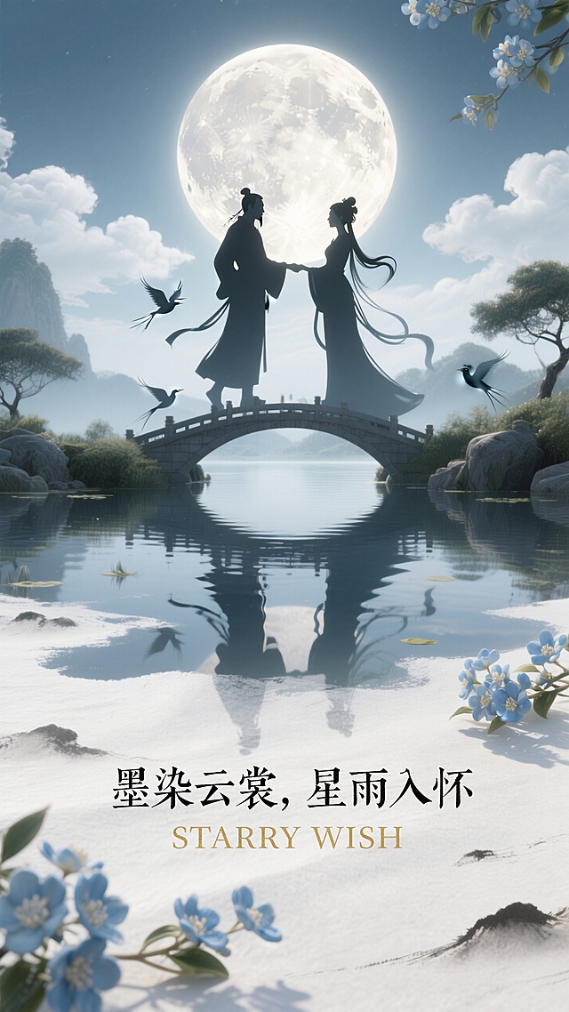爱意缱绻，浪漫七夕，水墨晕染，古典诗意