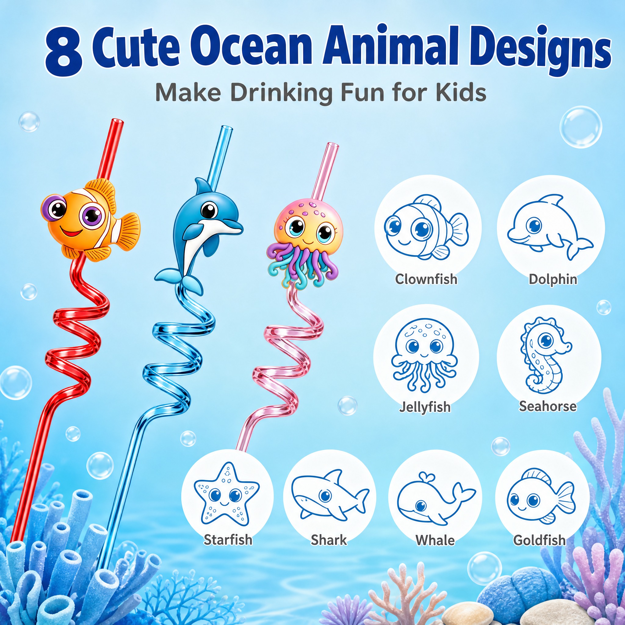 [主图-2] 核心卖点信息图，主题：8款可爱海洋动物造型，让喝… - 图片创意预览