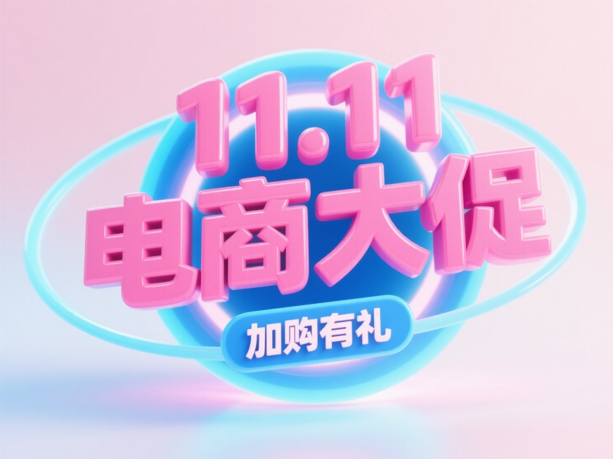 粉色 “11.11 电商大促” 立体艺术字，搭配蓝色环形光效装饰，下方有 “加购有礼” 蓝色标签。背景为粉蓝色渐变，整体风格大气炫酷，突出双十一促销的热烈与冲击力。预览效果
