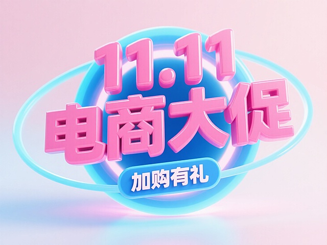 粉色 “11.11 电商大促” 立体艺术字，搭配蓝色环形光效装饰，下方有 “加购有礼” 蓝色标签。背景为粉蓝色渐变，整体风格大气炫酷，突出双十一促销的热烈与冲击力。
